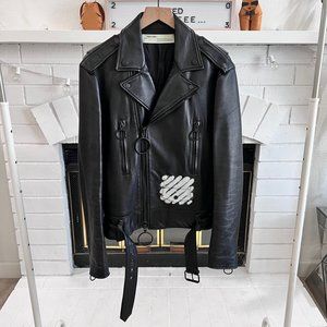 Off-White Virgil Abloh 2017 Premium Leather Spray Painted Logo Belted Biker Jkt
